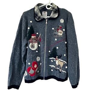 NutCracker knit cardigan fishing snowman reindeer flannel collar Christmas L